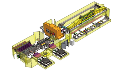 桁架上料+锯切+料头料尾分选+出料输送+机器人码垛+AGV转运
