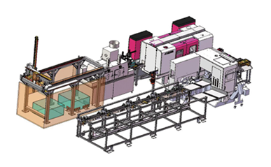 上料+锯切+料头料尾分选+过渡输送+双头倒角+出料输送+清洗机+桁架码垛+料框转运